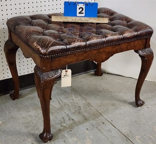 Chippendale Style Walnut Leather Uphols. Bench 20 1/2" H X 27" W X 19" D