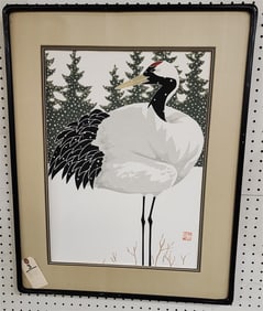 Silk Screen Print Of A Stork Pencil Sgnd Ikki 85/150  22" X 16" w/Frame 29 3/4" X 23"