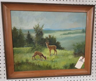 O/B Landscape w/Deer Sgnd F. Francis 17" X 20 1/2" w/Frame 20" X 24"