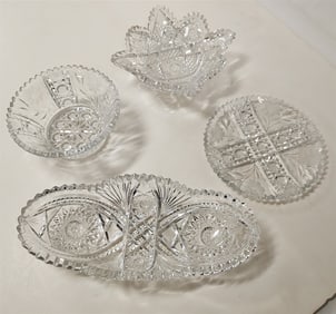 Tray Brilliant Cut Glass - Oval Bowl 2 1/4" H X 11" W X 5" D, Bowl 2 1/2" H X 7" Sq., Plate 7" Diam.