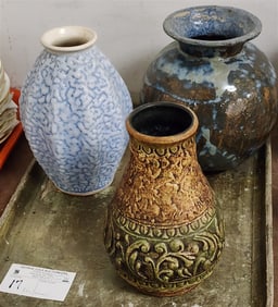 Tray Of 3 French Pottery Vases - William Kula 7" H, Odyv 7 1/2" + Jasba 7' H