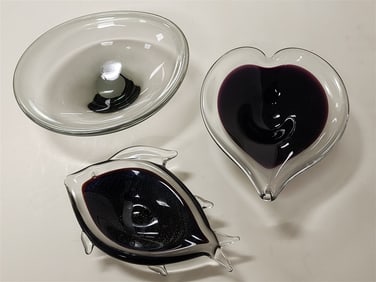 Tray 3 Pc Art Glass Bowls - Bowl Sgnd Holmegarrd 1957 3"H X 10" W X 8" D , Fish Bowl Sgnd FM Ronneby