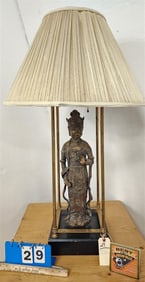 Chinese Cast Iron Parcel Gilt Guanyin Figural Lamp 38" H
