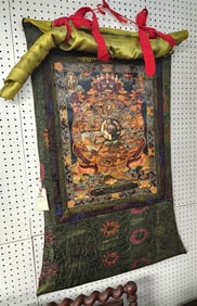 Tibetan Buddhist Scroll Wheel Of Life Hand Ptd.Scroll Thangka - Image is 24" X 17 1/4", Full 44" X