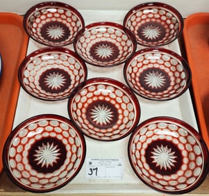 Tray 8 Ruby Cut To Clear Bowls 1 1/4" H X 5 3/4" Diam.