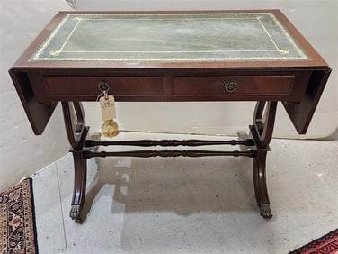 Duncan Phyfe Style 2 Drawer Drop Leaf Mahog Leather Top Table 29" H X 37" W X 19 1/2" D, 57" Open