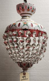 Czech White Cut To Cranberry Hand Enameled Hall Lamp 16" H X 9" Diam.