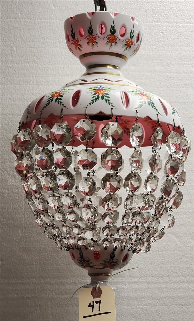Czech White Cut To Cranberry Hand Enameled Hall Lamp 16" H X 9" Diam.: Czech White Cut To Cranberry Hand Enameled Hall Lamp 16" H X 9" Diam.