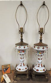 Pr. Czech white Cut To Cranberry Hand Enameled Lamps 31"