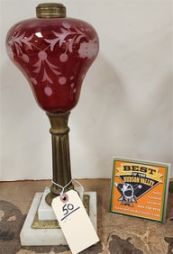 19th C Cranberry Glass Oil Lamp w/Marble & Brass Base