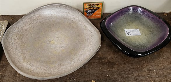 Mid Century Glazed Pottery Bowl 3 1/2" X 18" X 15" D + Glazed Ceramic Bowl Sgnd Champost France 2