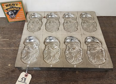 Vintage Nickeled Cast Iron 8 Section Santa Chocolate Mold 1 3/4" H X 14 1/2" W X 12 1/2" D
