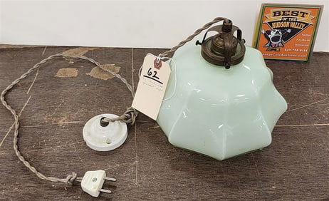 French Art Deco Pendant Light w/Green Glass Shade 7 1/2" H X 9" Diam.