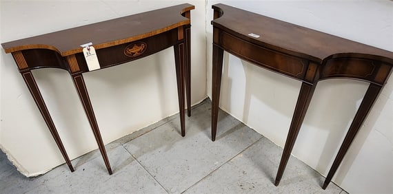 2 Mahog Demilune Console Tables w/Inlay 32" H X 39 1/2" W X 11 1/2" D