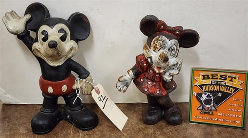 Vintage Mickey Mouse 9 1/2" & Minnie Mouse 8 1/2" Cast Iron Banks