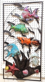 Mid Century Wrought Wall Sculpture w/Glazed Pottery Fish & Shells 39 1/2" X 20"