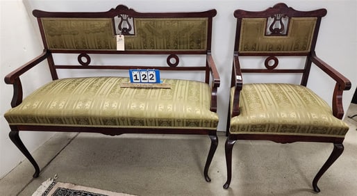 C1915 Mahog Settee 36 1/2" H X 46" W X 20" D & Chair 36 1/2" H X 22" W X 20" D