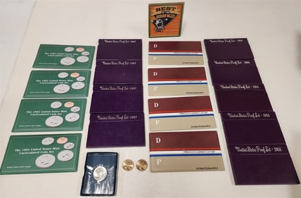 Lot 9 1984 Uncirculated Coin Set + 4 1987 Proof Sets + 4 1993 Proof Sets + 1982 Washington Half