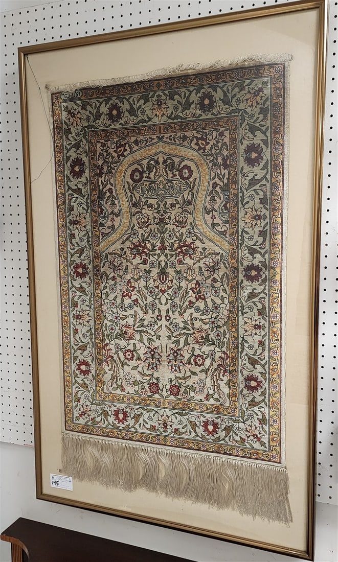 Framed Hereke Silk Prayer Rug 3'5" X 24" w/Frame 4' X 30" (1 of 2)