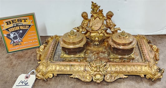 19th C Bronze & Alabaster Ink Stand 5 1/4" H X 14 1/2" W X 8 1/2" D