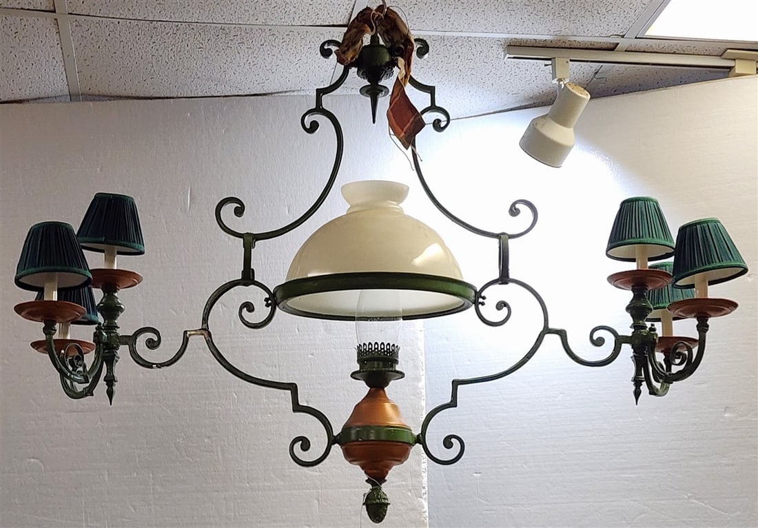 Vintage Wrought Iron Oil Chandelier w/6 Candle Lamps 3' H X 29" W: Vintage Wrought Iron Oil Chandelier w/6 Candle Lamps 3' H X 29" W