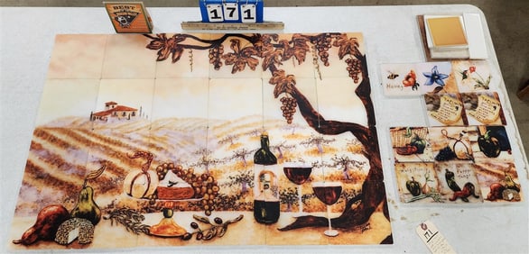 24 Pc. Hand Ptd. Marble Tiles Made For Backsplash Scene Sgnd Linda Paul 23 1/2" X 35 1/2" + 11 Hand