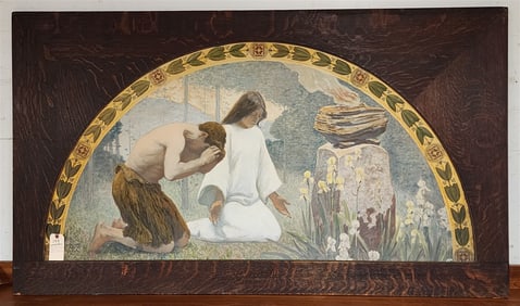 Vintage Mission Quarter Sawn Oak Framed Litho On Board Sgnd C.S. Pearce 28 1/2" X 54 1/4"