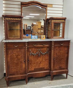 French Inlaid Walnut Marble Top Sideboard w/Ormolu Mounts 81" H X 68" W X 24 1/2" D