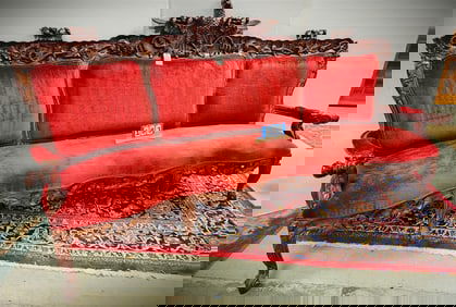 Indo Carved Mahog Framed Eagle Crest Sofa 53" H X 8'6" L X 22" D