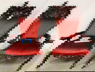 Pr. Indo Carved Mahog Framed Eagle Crest Armchairs 52" H X 33 1/2" W X 23" D