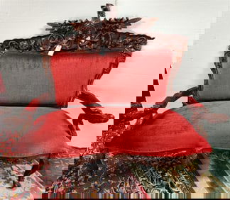 Indo Carved Mahog Framed Eagle Crest Settee 54" H X 6' W X 22" D