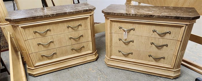Pr. Bernhardt Pickled Oak 3 Drawer Marble Top Chests/Night Stands 31" H X 41" W X 17 1/2" D