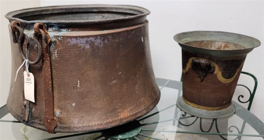 Vintage Copper Bucket w/Wrought Strap Handles 15 1/2" H X 22" Diam. + Small Tole Bucket 11 1/2" H X