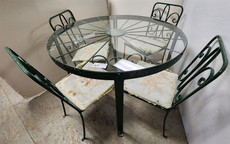 Wrought Wagon Wheel Design Glass Top Patio Table 42 1/2" Diam. w/4 Chairs