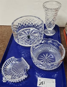Tray 4 Pcs. Waterford - Bowl 3 3/4" H X 7" Diam., Bowl 3" H X 6" Diam., Vase 7" H X 3 3/4" Diam. +