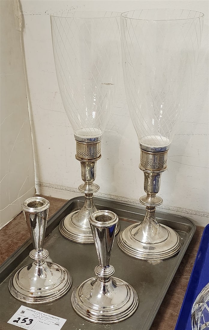 Tray 4 Weighted Sterling Candlesticks - 1 Pr. w/Hurricane Shades (1 of 3)