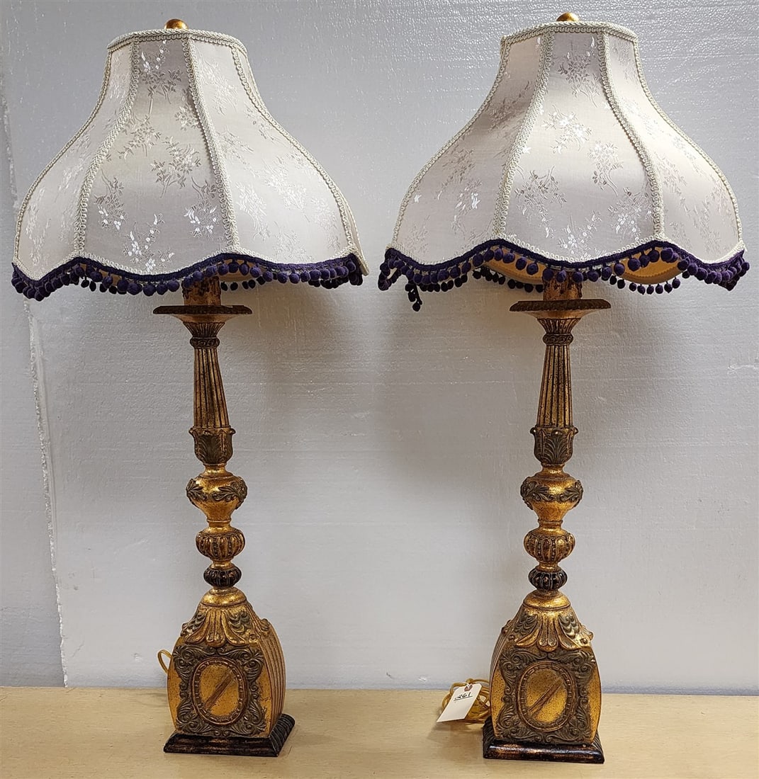 Pr. Gilt Table Lamps 37": Pr. Gilt Table Lamps 37"