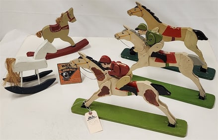 3 Pc. Vintage Wooden Folk Art Race Horse + Jockey Figures 12" H X 18" W X 3" D + 2 Wooden Rocking