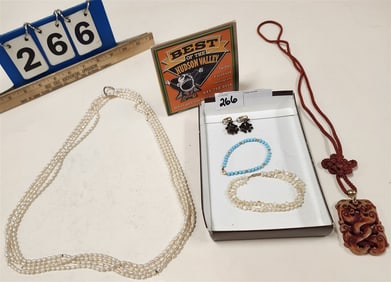 Lot 2 Necklaces - Fresh Water Pearl 32", Woven w/Carved Soapstomne Pendant 32" + Fresh Water Pearl