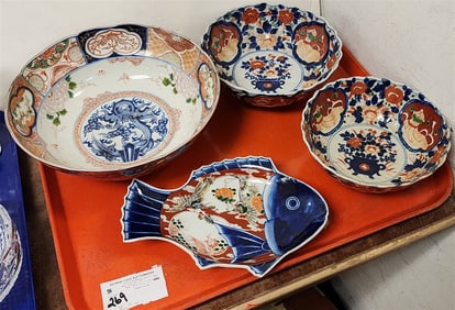 Tray 4 Pc. Imari Bowls - 4" H X 10 3/4" Diam., 3 1/4" H X 8 1/2" Diam.,3" H X 7 1/2" Diam. + Fish