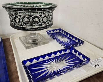 Tray Of Green Cut To Clear Compote 7 3/4" H X 9 1/2" Diam. + Pr. Cobalt Cut To Clear Trays 1" H X 9"