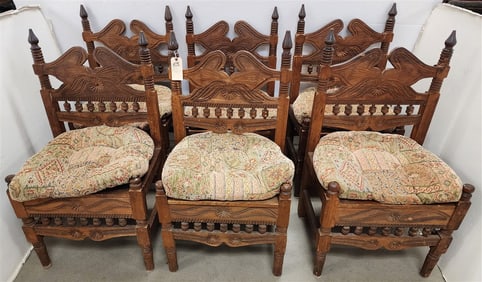 Set 6 Mexican Hand Carved Hacienda Chairs C1950's
