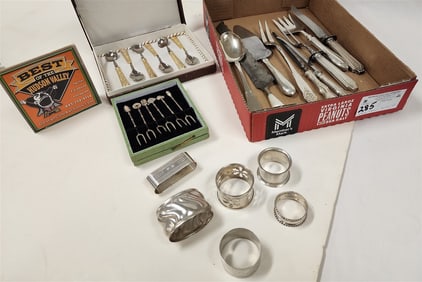 Tray Sterl. Napkin Rings, 830 Silver Serving Fork & Spoon + 5 Sterl. Handled Serving Pcs. + 6