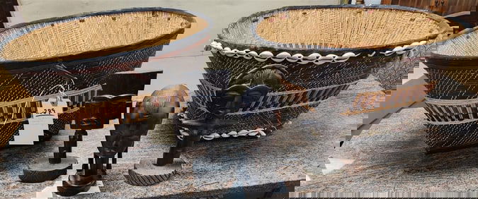 Lot 2 African Baskets + 3 Carved Figures 10" H X 17 1/2" Diam. + 9 1/2" X 17 1/2" Diam.