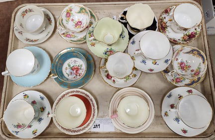 Tray 13 Cups/Saucers - Aynsley, Royal Victoria, Royal Stafford, Etc.