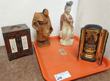 Tray Chinese Wooden Figures 12" + 10 1/2", 2 Door Bx w/Carved Panels 7" H X 5 1/2" W X 4 1/4" D +