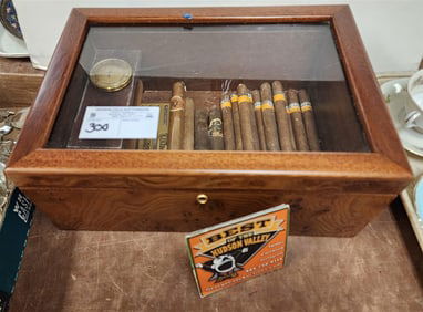 Walnut Humidor w/13 Cuban Cohiba Cigars, 1 Ashton VS6, Monte Cristo Habana + Avo XO Cigar