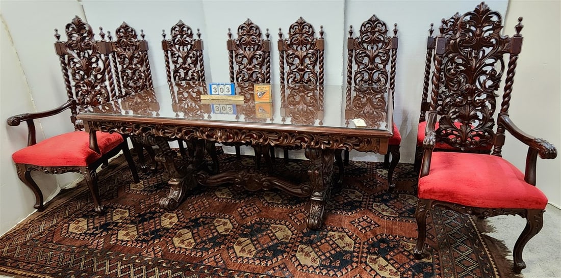 A.P. Nuguid Narra Wood Dining Table 30" H X 42" W X 6' L w/2 Armchairs 52 1/2" H X 23" W X 20" D + 6 (1 of 12)