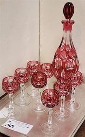 Tray Cranberry Cut To Clear Decanter 11" w/8- 4" Cordials