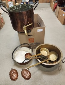 Bx. Copper Boiler w/Spigot 9" X 12" Diam., Basket w/Wrought Handle 11" H X 12" Diam. + Brass 2